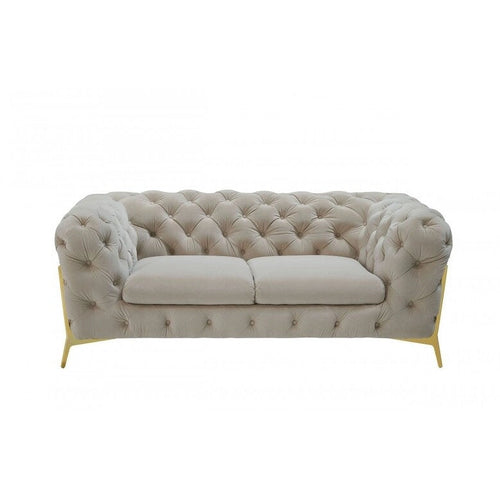 Causeuse Chesterfield en velours beige et or de 74 po