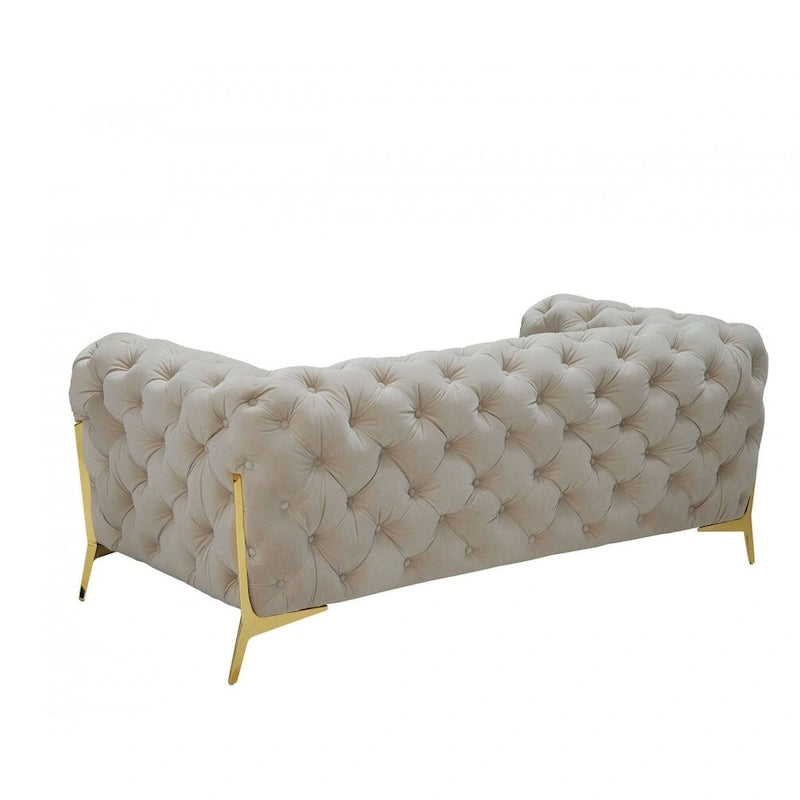 Causeuse Chesterfield en velours beige et or de 74 po