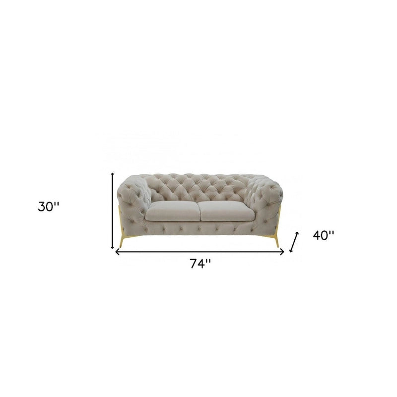 Causeuse Chesterfield en velours beige et or de 74 po