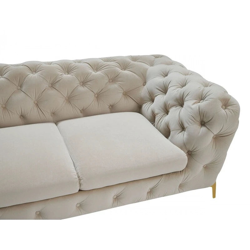 Causeuse Chesterfield en velours beige et or de 74 po