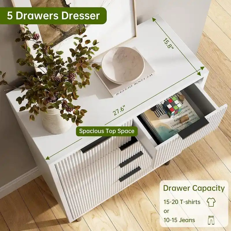 Fluted 5 Drawer Dresser for Bedroom Hallway Entryway