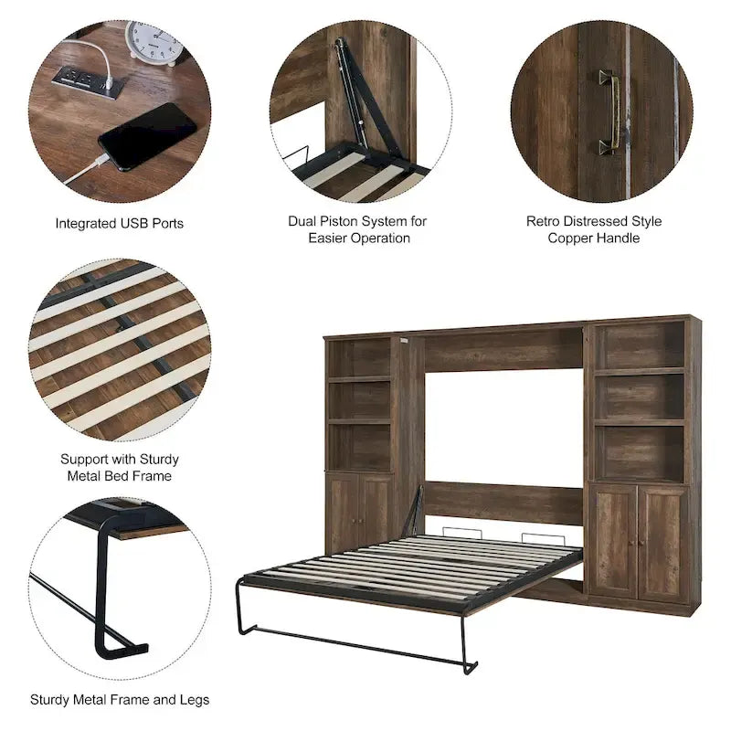 Lit escamotable moderne gain de place avec mécanisme à double piston - Lit plateforme pliable, design d'armoire convertible et dissimulée, lit en cube