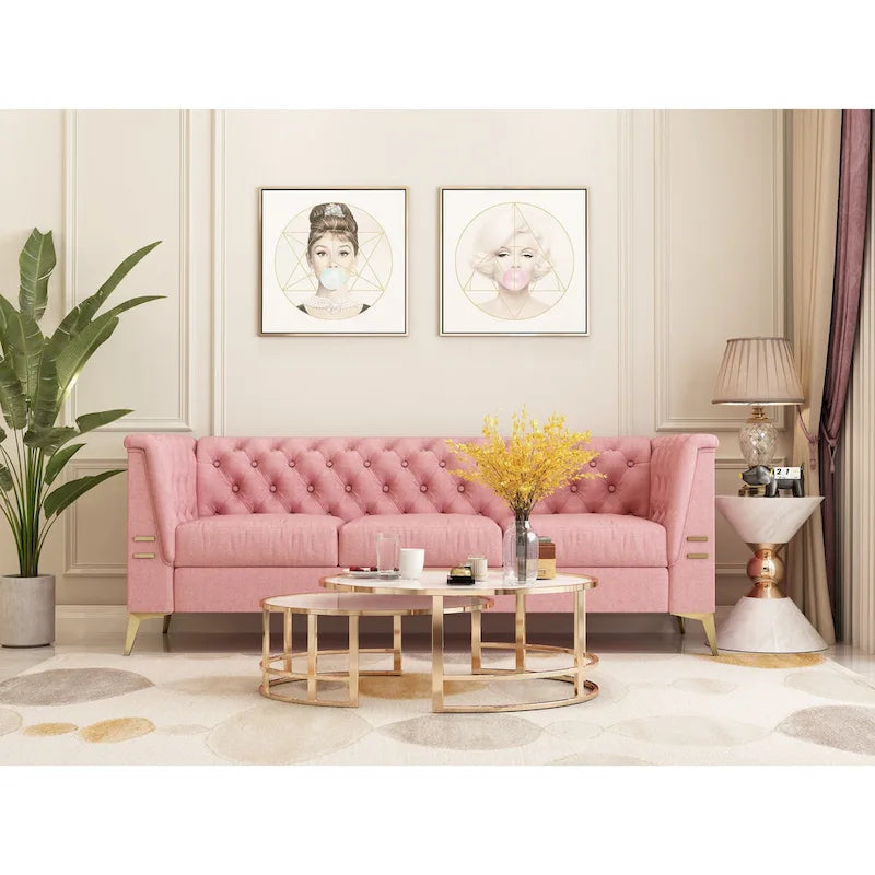 82 Velvet 3 Seater Chesterfield Sofa Couch with Gold Metal Legs, High Rebound Sponge and Removable Cushions