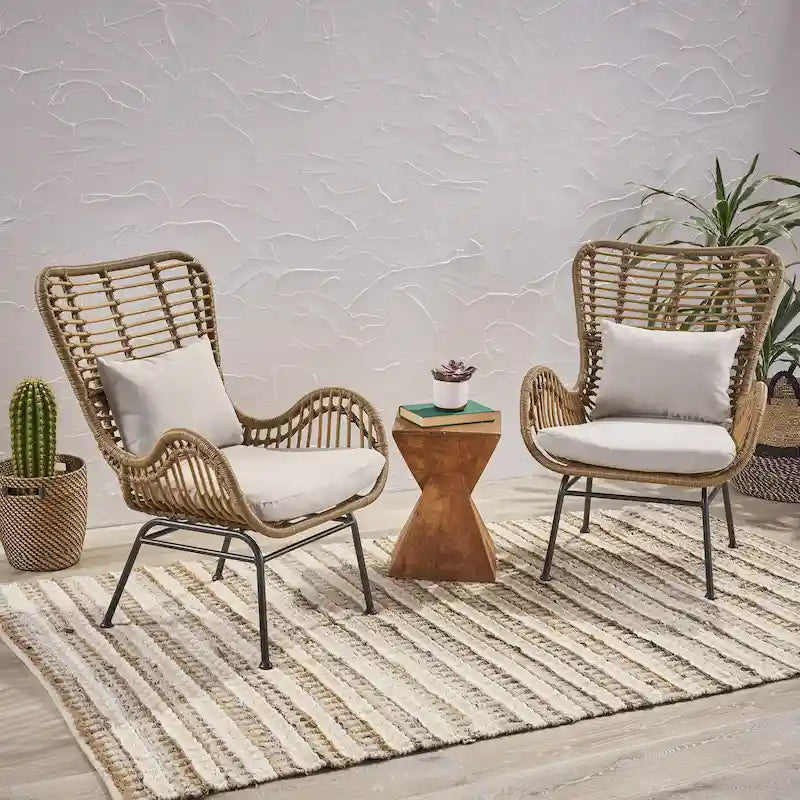 Fauteuil club en rotin pour intérieur (avec coussin, lot de 2)