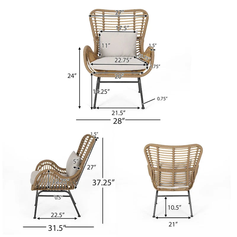Fauteuil club en rotin pour intérieur (avec coussin, lot de 2)