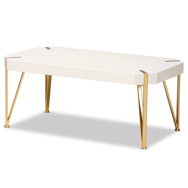 Table basse en métal doré brossé et bois à finition blanche