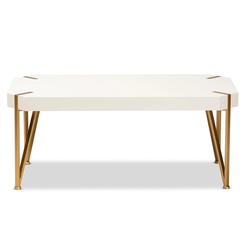 Table basse en métal doré brossé et bois à finition blanche