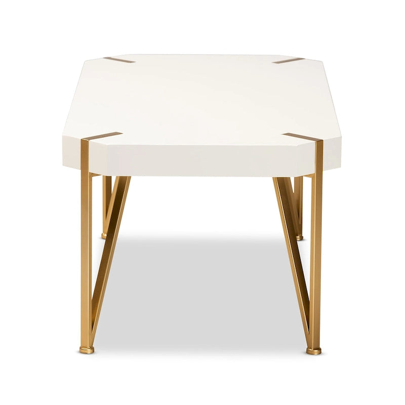 Table basse en métal doré brossé et bois à finition blanche