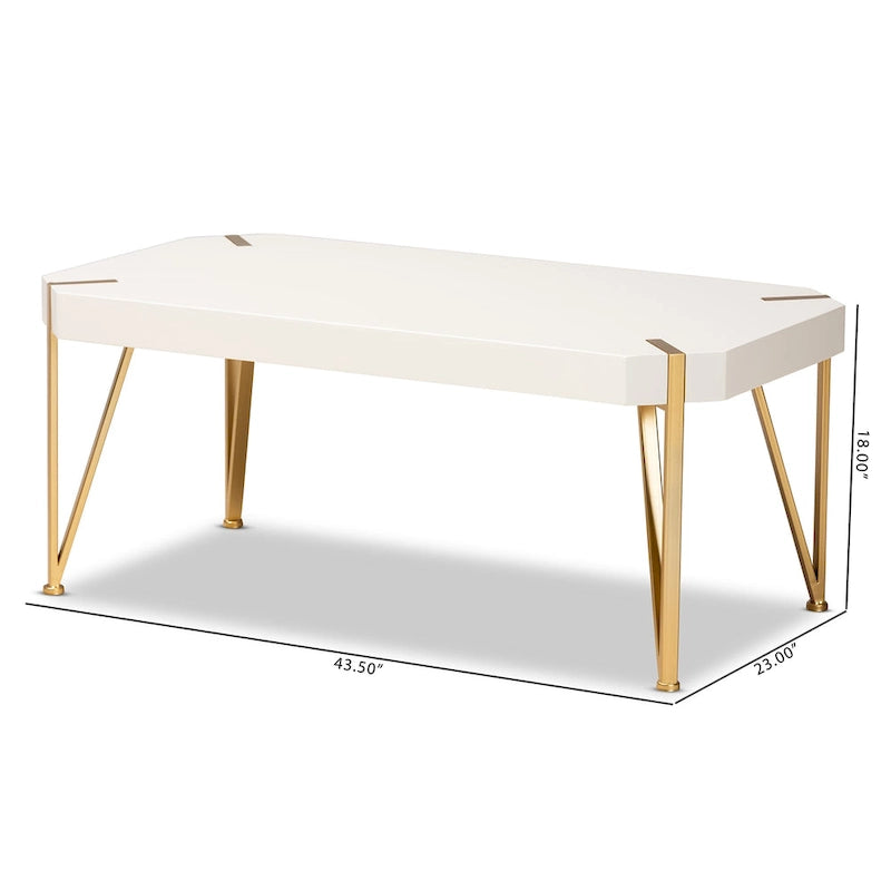 Table basse en métal doré brossé et bois à finition blanche