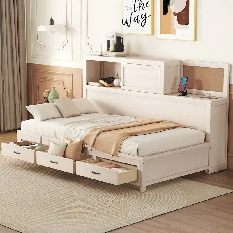 Twin Size Wooden Daybed with 3 Drawers and USB Ports