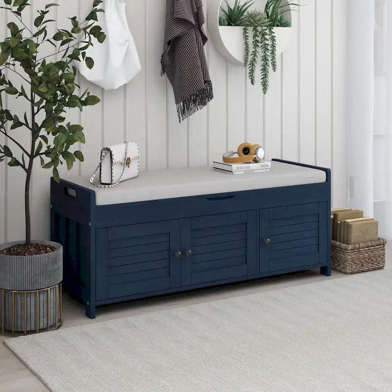 Storage Shoes Bench with 3 Shutter-shaped Doors and Removable Cushion