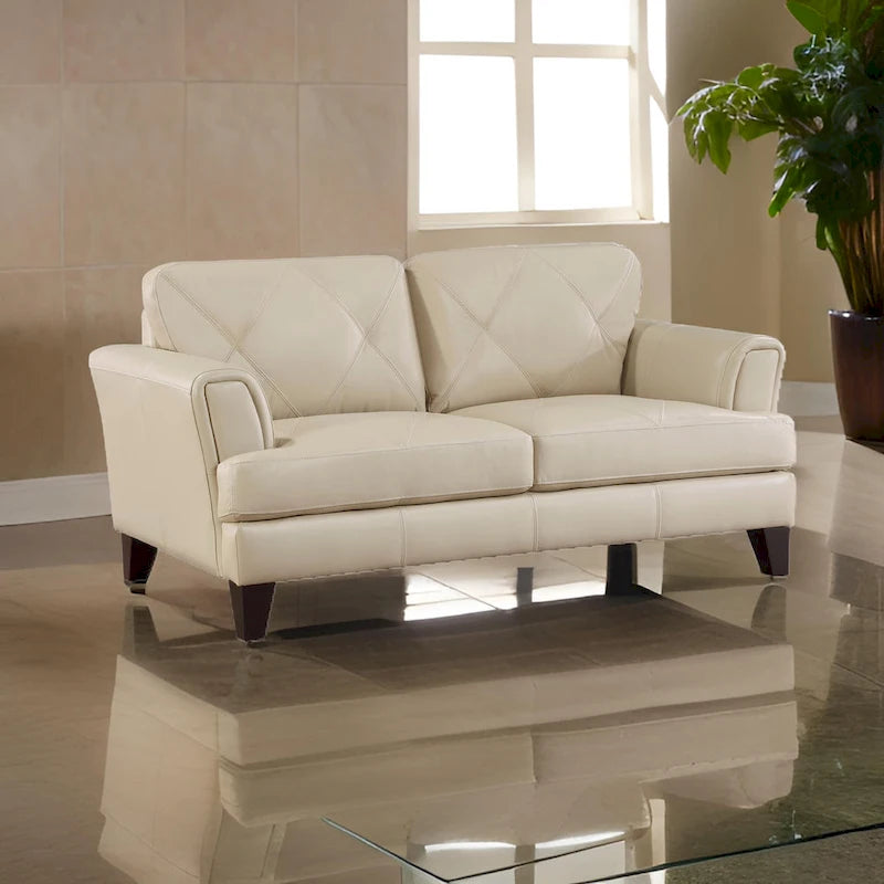 Lisa 71 Inch Loveseat, Cream Top Grain and Split Leather Brown Solid Wood