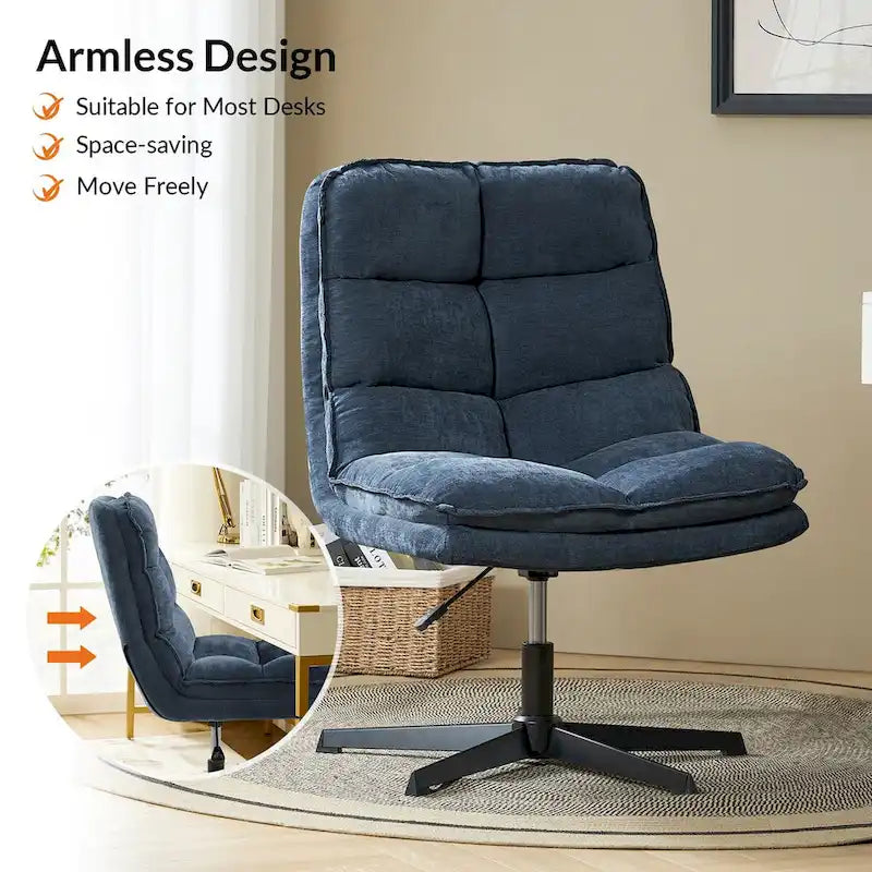 Chaise de bureau moderne sans accoudoirs — design capitonné, pivotante à 360 degrés.