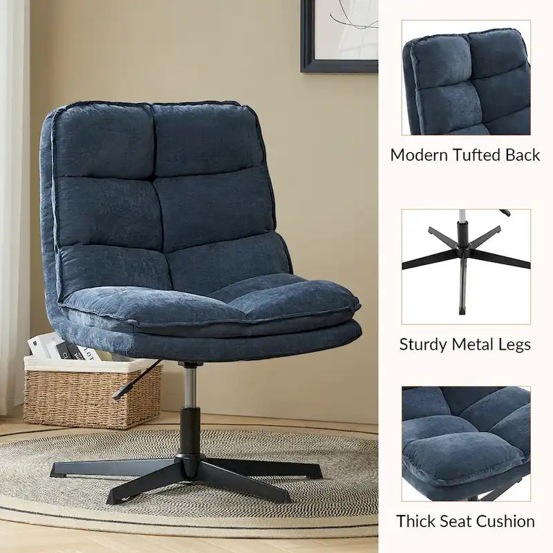 Chaise de bureau moderne sans accoudoirs — design capitonné, pivotante à 360 degrés.