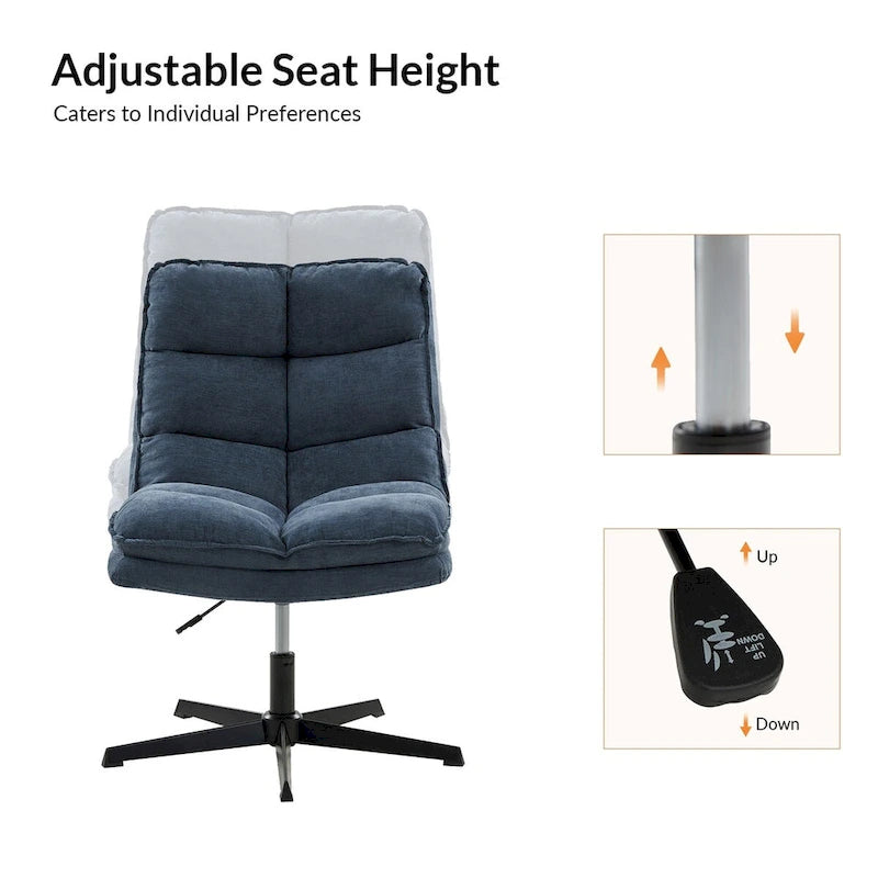 Chaise de bureau moderne sans accoudoirs — design capitonné, pivotante à 360 degrés.