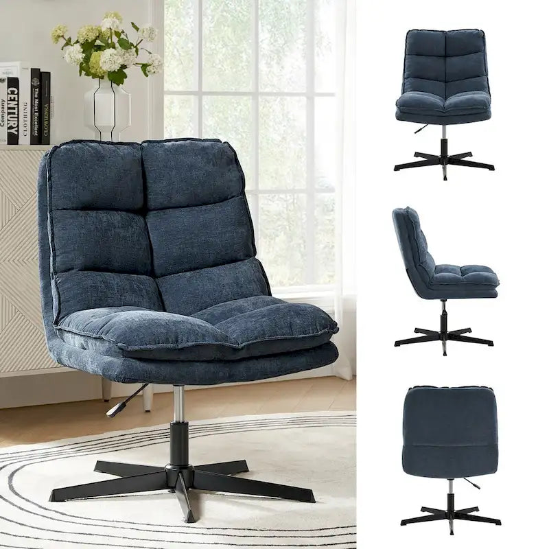 Chaise de bureau moderne sans accoudoirs — design capitonné, pivotante à 360 degrés.