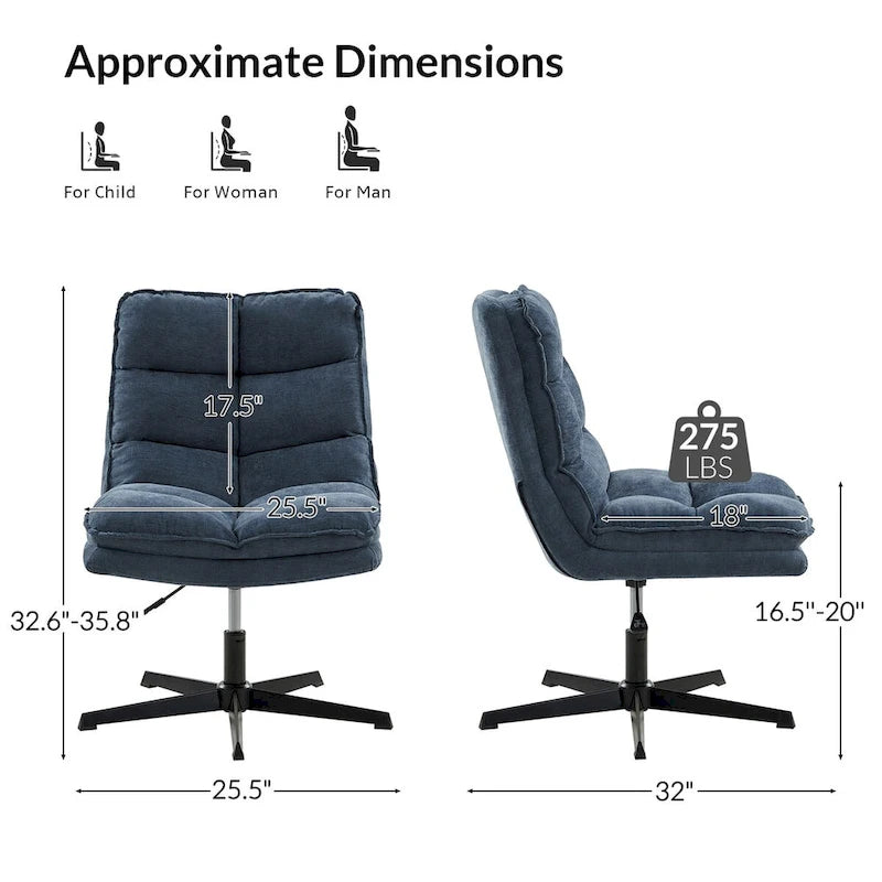Chaise de bureau moderne sans accoudoirs — design capitonné, pivotante à 360 degrés.