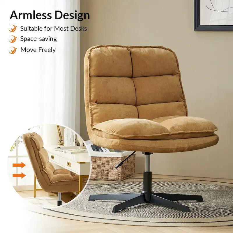 Chaise de bureau moderne sans accoudoirs — design capitonné, pivotante à 360 degrés.