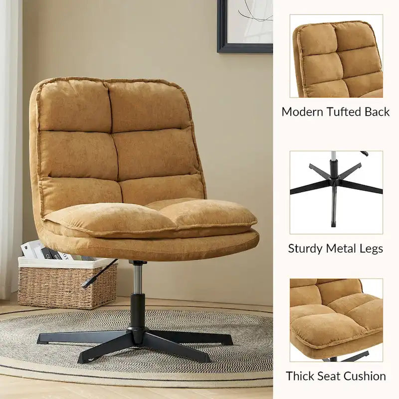 Chaise de bureau moderne sans accoudoirs — design capitonné, pivotante à 360 degrés.