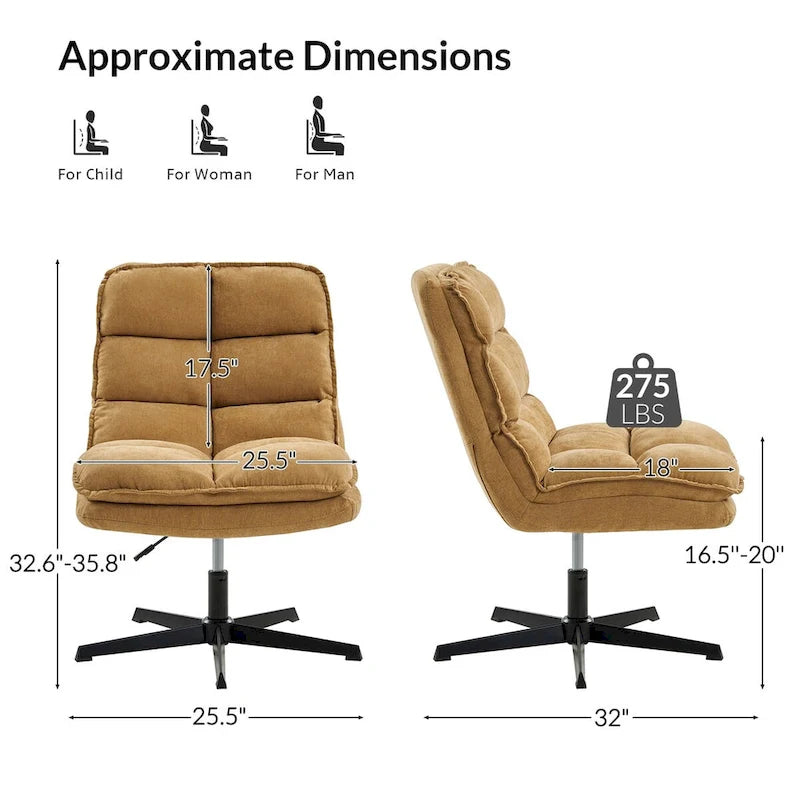 Chaise de bureau moderne sans accoudoirs — design capitonné, pivotante à 360 degrés.