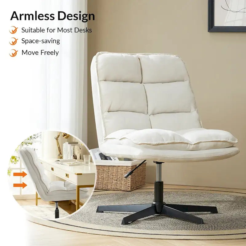 Chaise de bureau moderne sans accoudoirs — design capitonné, pivotante à 360 degrés.