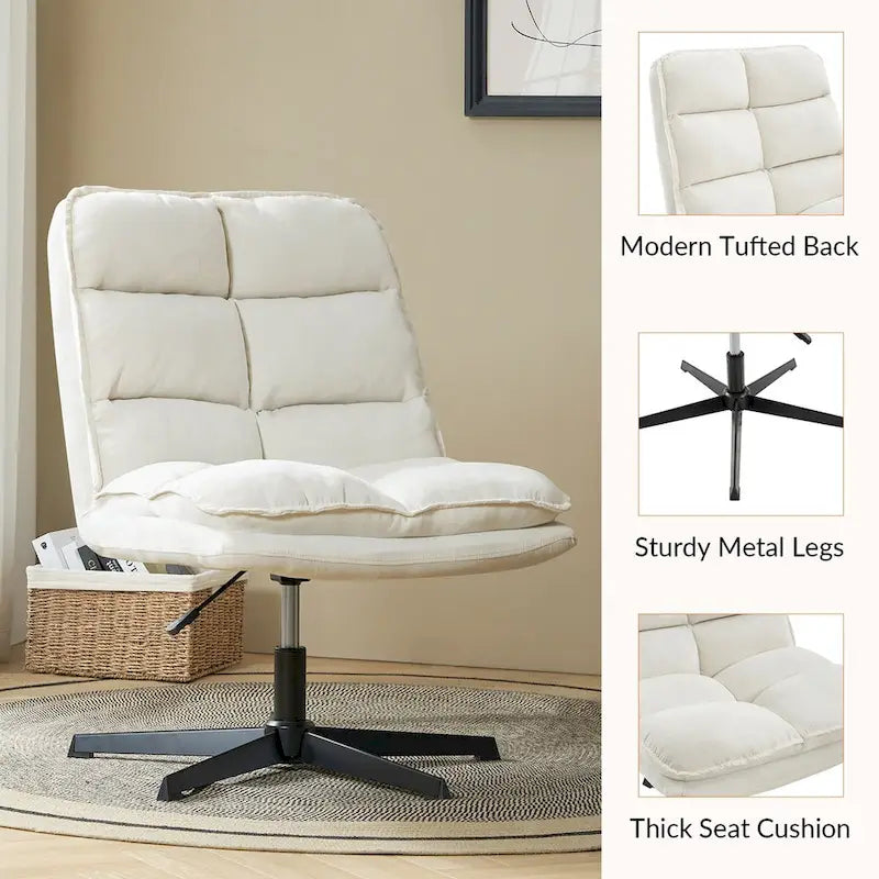 Chaise de bureau moderne sans accoudoirs — design capitonné, pivotante à 360 degrés.