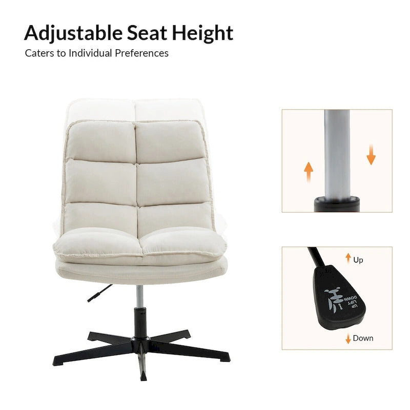 Chaise de bureau moderne sans accoudoirs — design capitonné, pivotante à 360 degrés.