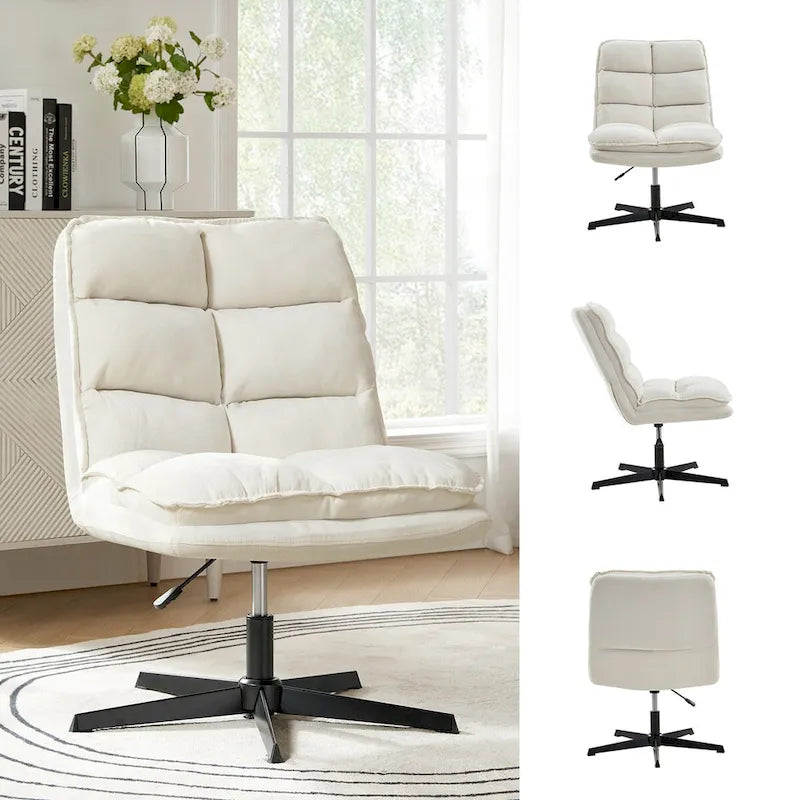 Chaise de bureau moderne sans accoudoirs — design capitonné, pivotante à 360 degrés.