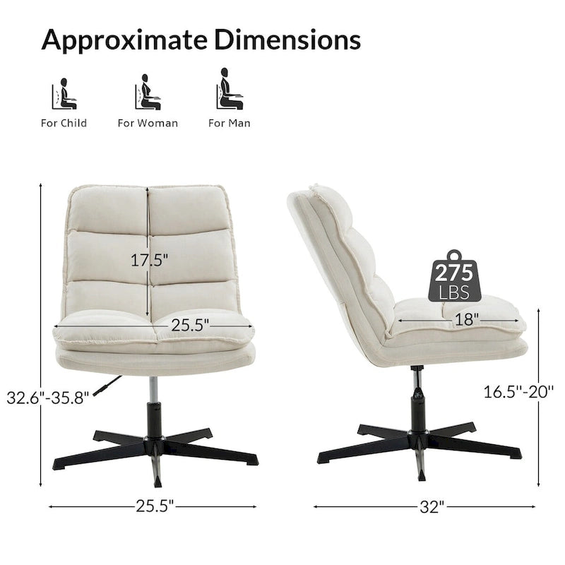 Chaise de bureau moderne sans accoudoirs — design capitonné, pivotante à 360 degrés.